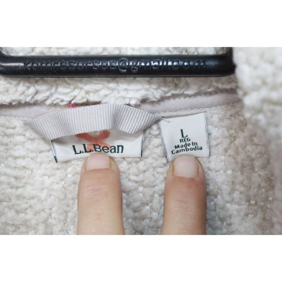 LL Bean Hi-Pile Fleece Pullover Quarter Snap Kangaroo pocket Cream L - Picture 4 of 12